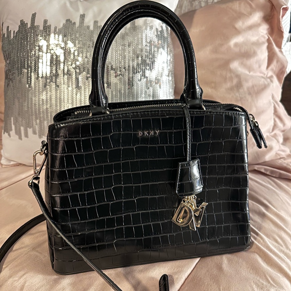 DKNY Croc-Embossed Satchel with Gold Hardware